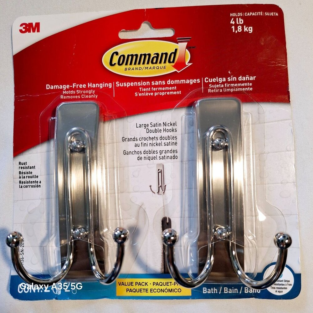 Command Large Satin Nickel Double Hooks Value Pack For Damage-Free Hanging 4 Lb